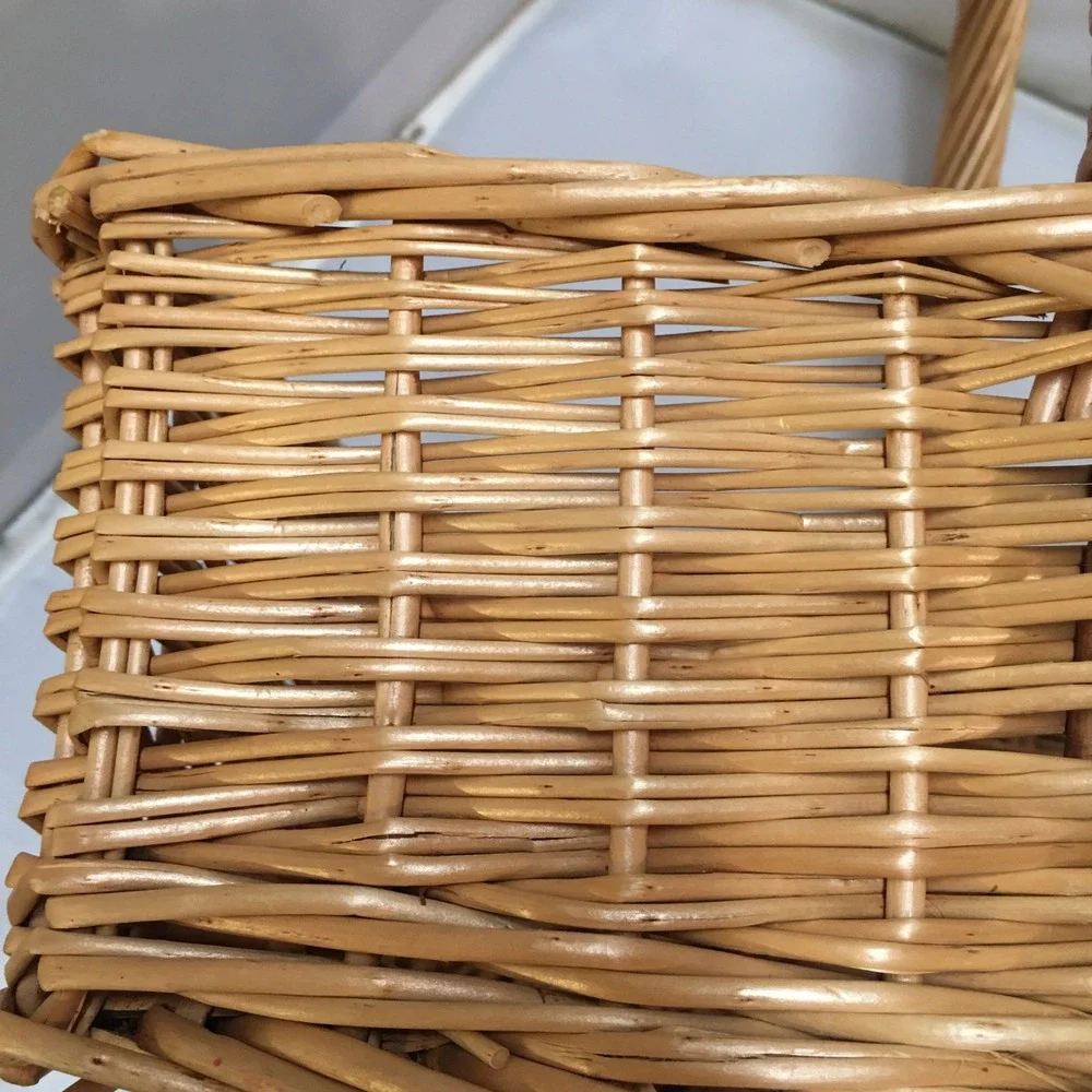 Wicker Basket Unisex Medium Tan Rectangular Woven Willow with Handle Cottagecore